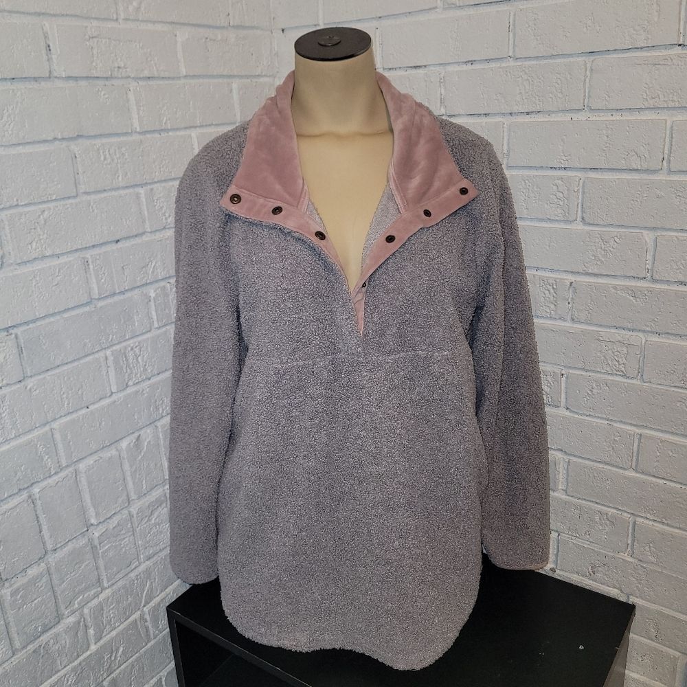 Cozy Entro Sherpa Fleece Pullover Sweater - Gray with Pink Trim (Size Small)